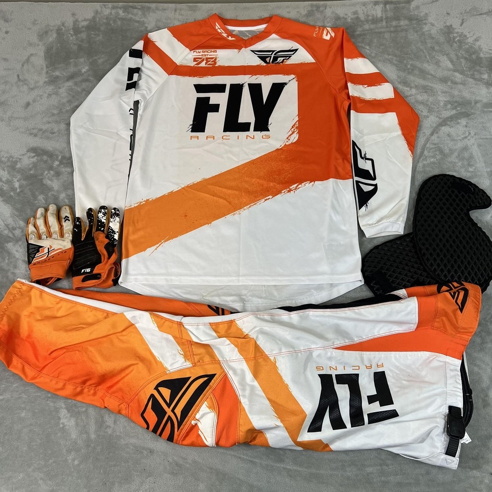 Fly Racing F-16 Motocross Gear Set Mens M Jersey 32 Pants Gloves Orange White